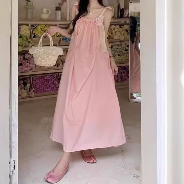 Maxi Strap Detail Sundress Spaghetti Plain Flower