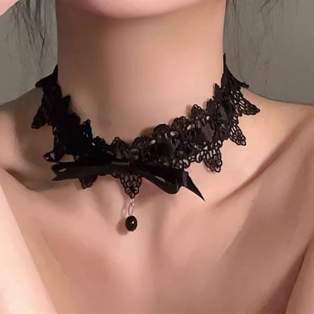 Pendant Bead Choker Bow Lace