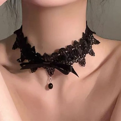Pendant Bead Choker Bow Lace