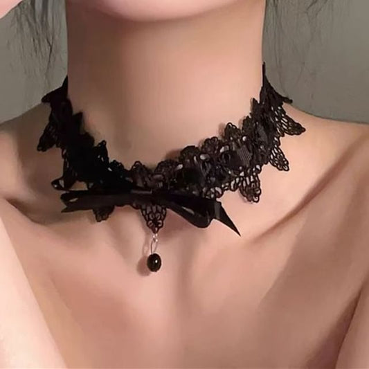 Pendant Bead Choker Bow Lace