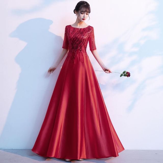 Gown Short-Sleeve Sequin Evening A-Line