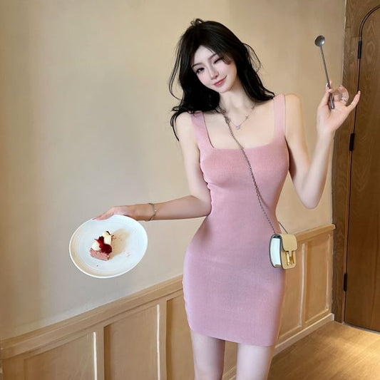 Square Neck Dress Sleeveless Knit Sheath Plain Mini