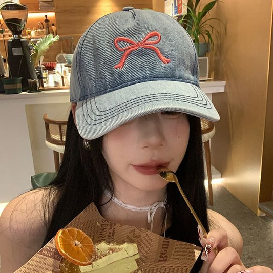 Washed Embroidered Cap Baseball Bow Denim