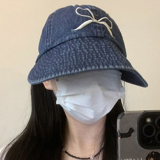 Brim Denim Embroidered Cap Wide Washed Bow