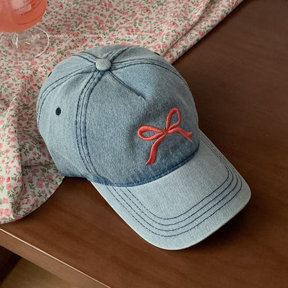 Bow Embroidered Washed Denim Baseball Cap