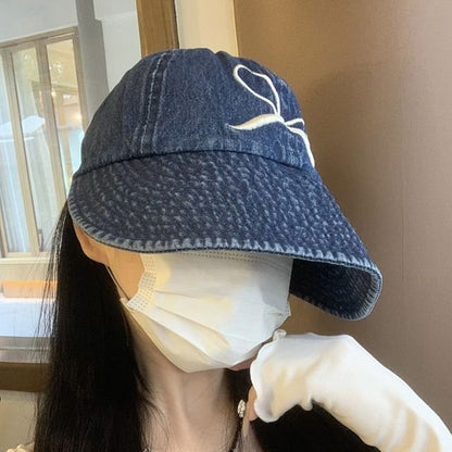 Brim Denim Embroidered Cap Wide Washed Bow