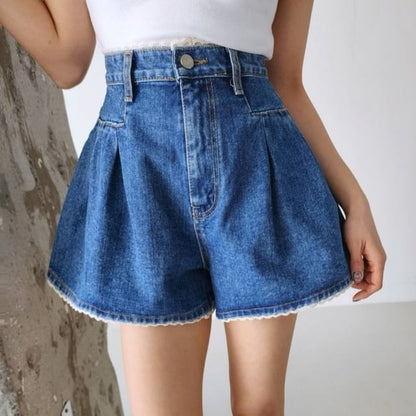 High Waist Lace Trim Washed Denim Shorts