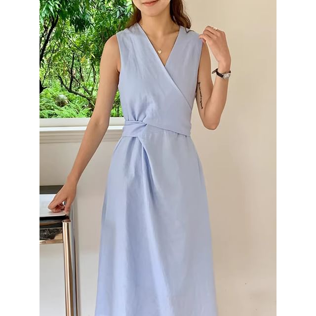 Sleeveless V-Neck Plain Asymmetrical  Midi A-Line Dress