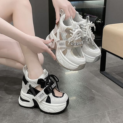 Hidden Platform Rhinestone Wedge Sneakers Panel Cutout