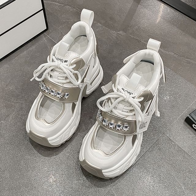 Hidden Platform Rhinestone Wedge Sneakers Panel Cutout