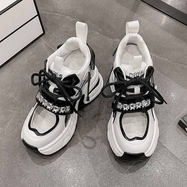Hidden Platform Rhinestone Wedge Sneakers Panel Cutout