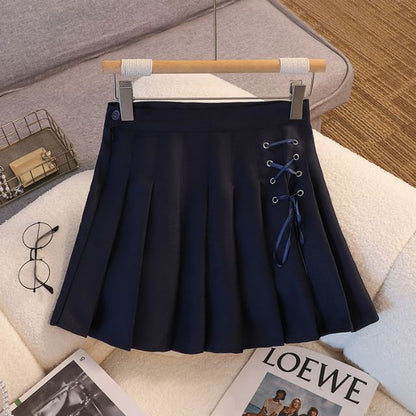 High Rise Lace-Up Plain Mini Pleated Skirt