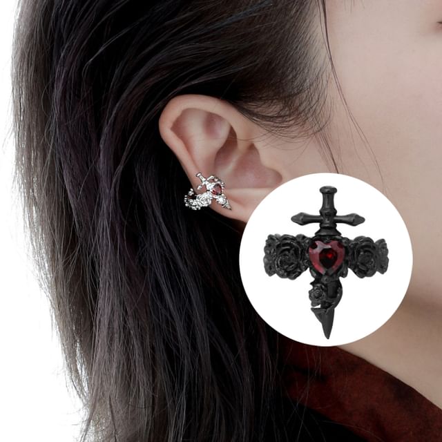 Floral Cross Rhinestone Ear Cuff