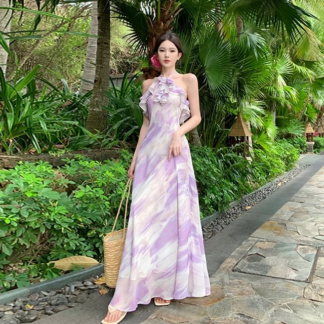 Robe longue d'été à volants et à motifs