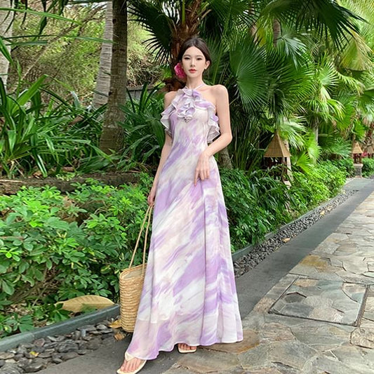 Robe longue d'été à volants et à motifs