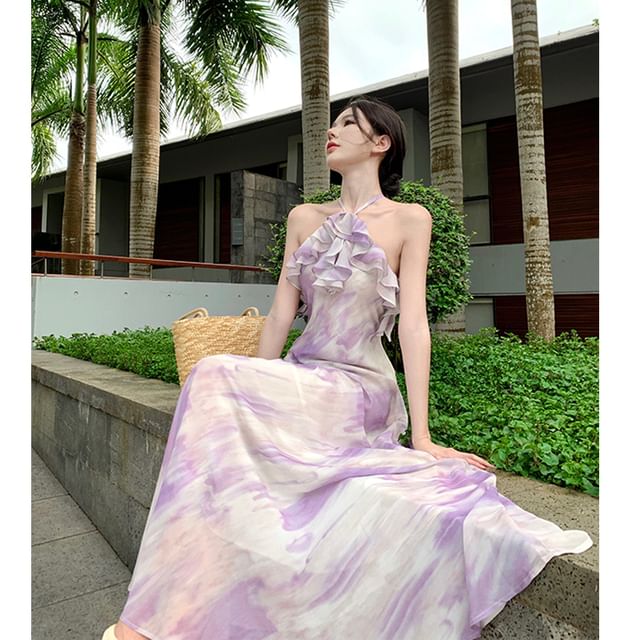 Robe longue d'été à volants et à motifs