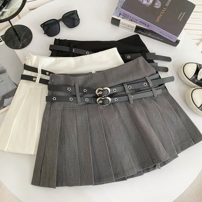 Plain Pleated Belted Mini A-Line Skirt