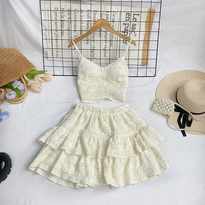 Set: Plain Lace Crop Cami Top + Elastic Waist Tiered Mini A-Line Skirt