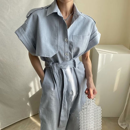 Short-Sleeve Collar Plain Button Wide Leg Jumpsuit