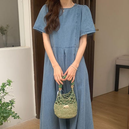 Short-Sleeve Round Neck Washed Denim Midi A-Line Dress