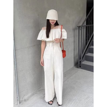 Short-Sleeve Cold-Shoulder Ruffle Trim Blouse / High Rise Wide Leg Pants