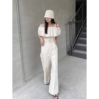 Short-Sleeve Cold-Shoulder Ruffle Trim Blouse / High Rise Wide Leg Pants