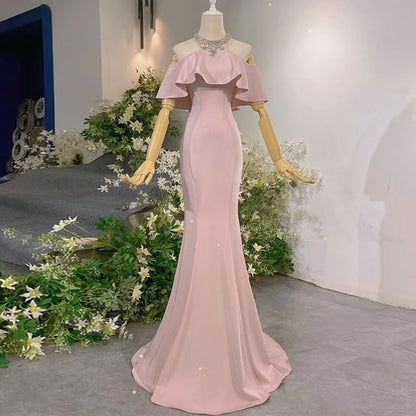 Halter Evening Neck Mermaid Cold Short-Sleeve Shoulder Rhinestone Gown Accent Plain