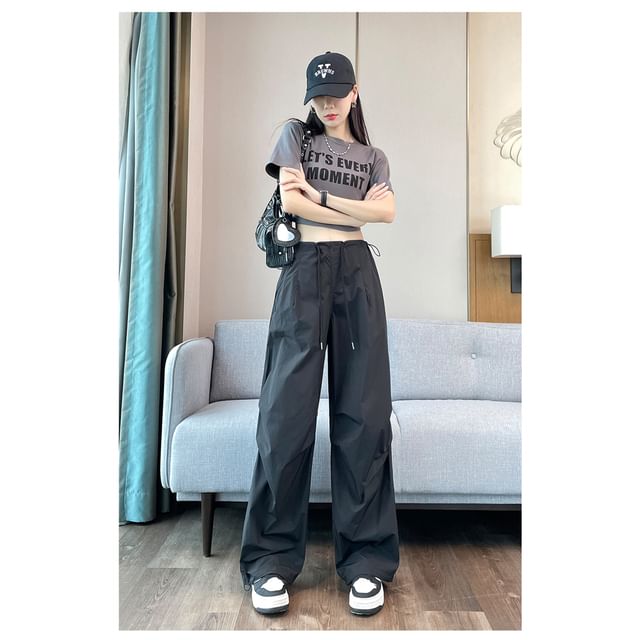 Drawstring Waist Plain Wide Leg Cargo Pants