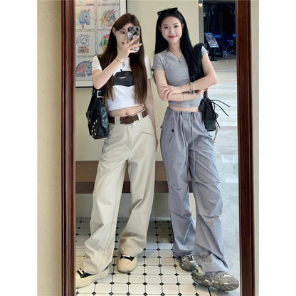 Drawstring Waist Plain Loose Fit Cargo Pants