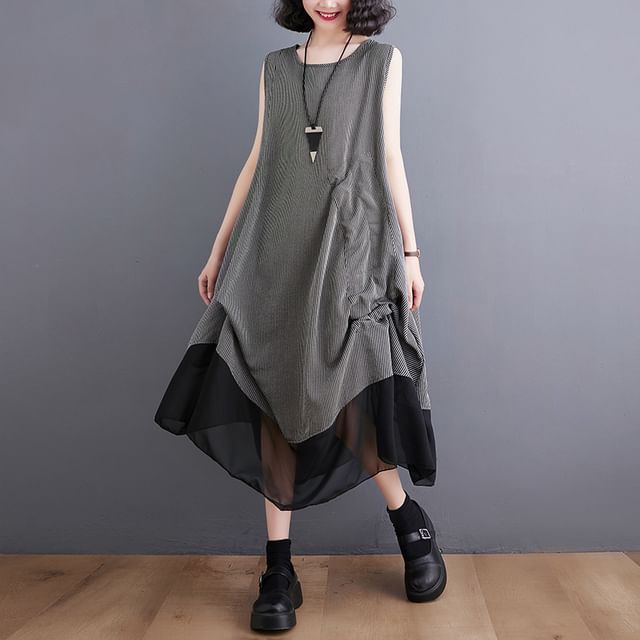 Sleeveless Round Neck Panel Drawstring Midi A-Line Dress