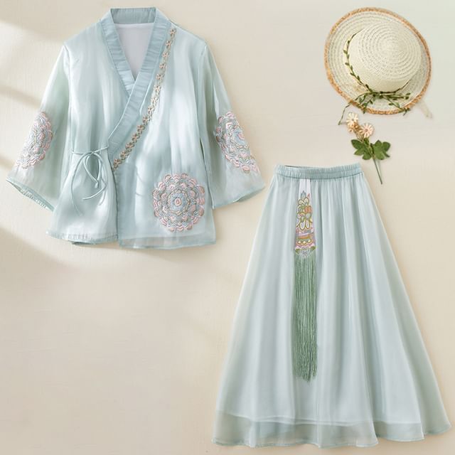 3/4-Sleeve V-Neck Floral Embroidered Tie Front Wrap Top / Elastic Waist Fringe Midi A-Line Skirt