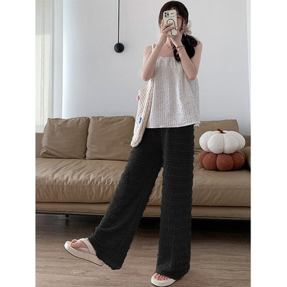 Elastic Waist Plain Frill Wide Leg Pants