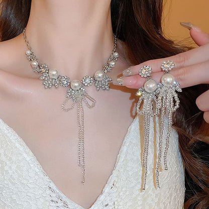Ribbon Rhinestone Earring Drop Necklace /