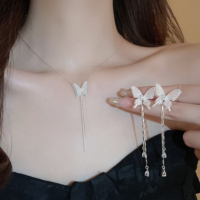 Butterfly Earring Alloy / Rhinestone Choker Dangle