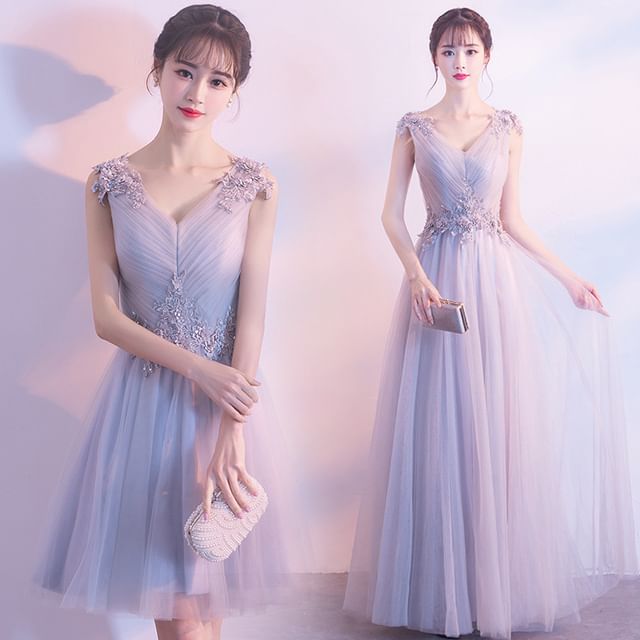 Mesh Cocktail Floral Plain Dress Applique Ruched V-Neck Evening A-Line Sleeveless / Gown Mini