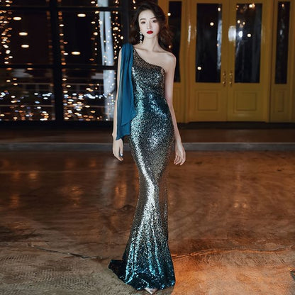 Gown Mermaid One Evening Shoulder Sleeveless Gradient Sequin