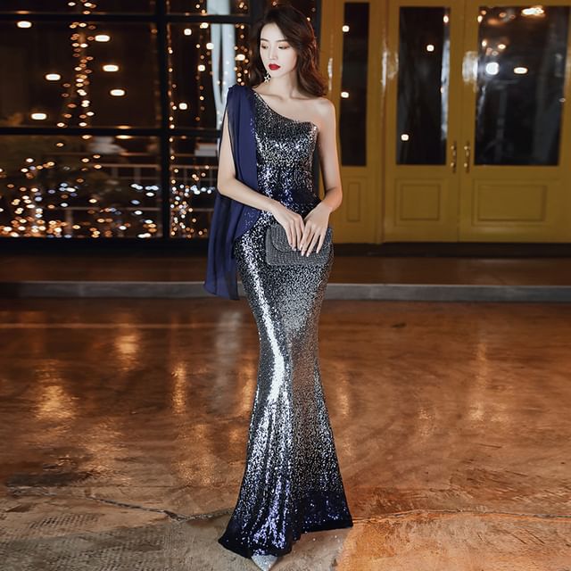 Sleeveless One Shoulder Sequin Gradient Mermaid Evening Gown