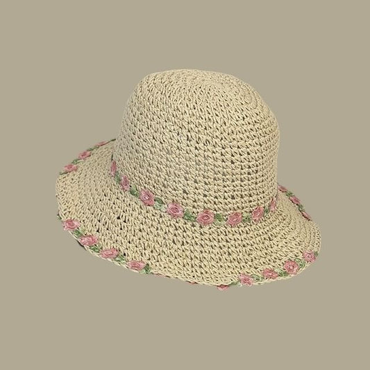 Straw Hat Embroidered Sun Floral