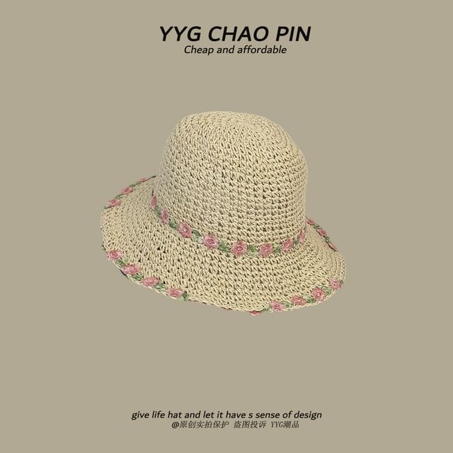 Straw Hat Embroidered Sun Floral