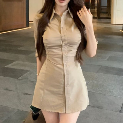 Plain Dress Mini Shirt Sheath Button-Up Ruched 3/4-Sleeve