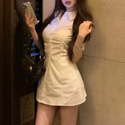 Plain Dress Mini Shirt Sheath Button-Up Ruched 3/4-Sleeve