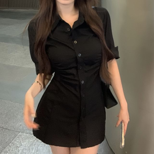 Plain Dress Mini Shirt Sheath Button-Up Ruched 3/4-Sleeve