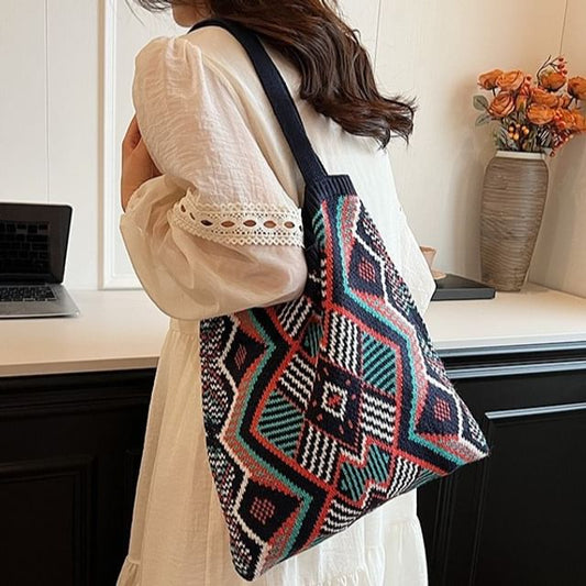 Tote Patterned Geometric Knit Bag