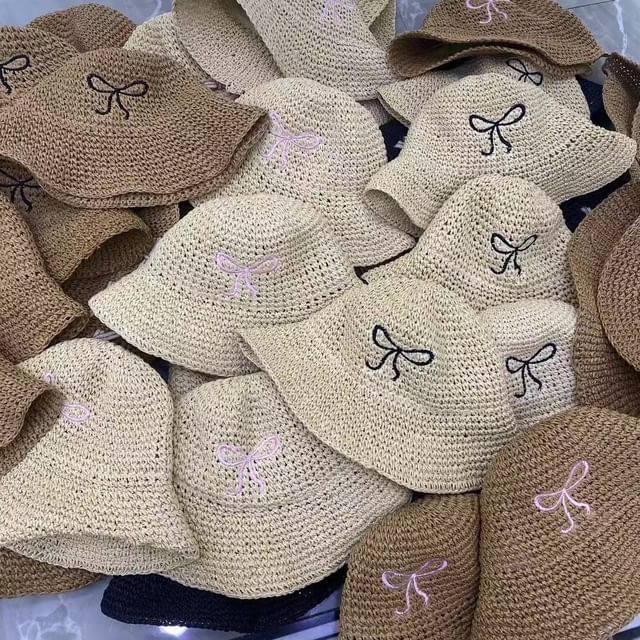 Bow Embroidered Straw Hat