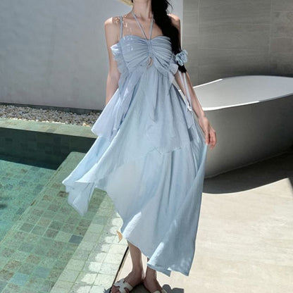 Midi A-Line Plain Spaghetti Dress Strap Asymmetrical