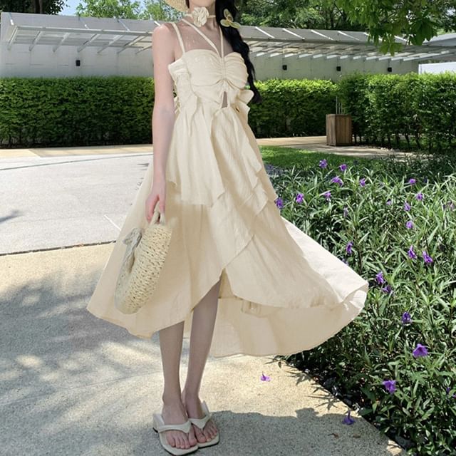 Midi A-Line Plain Spaghetti Dress Strap Asymmetrical