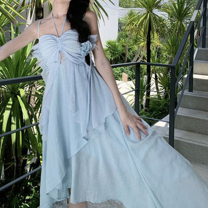 Midi A-Line Plain Spaghetti Dress Strap Asymmetrical