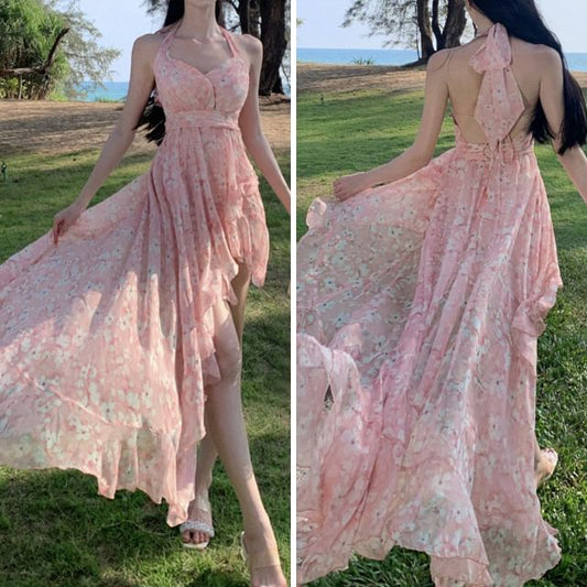 Ruffle Trim V-Neck Asymmetrical Open A-Line Dress Floral Ruched Print Back Halter