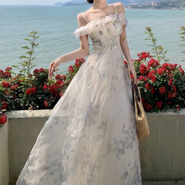 Ruched Square Shoulder Dress Floral Print Neck Ruffle Cold A-Line Maxi Trim