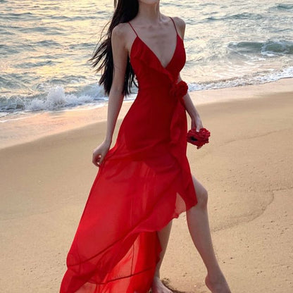 Dress Ruffle V-Neck Maxi Strap Plunge Open Trim Back A-Line Spaghetti Plain Slit